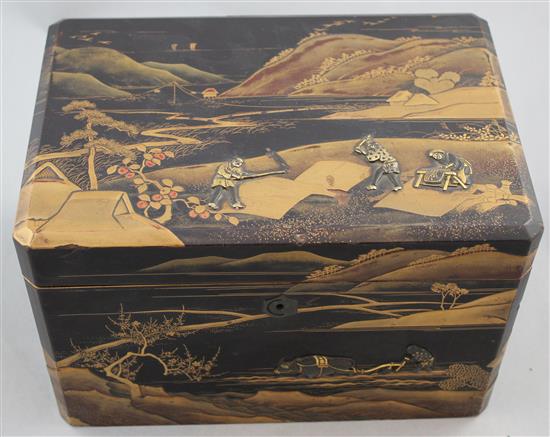 A Japanese lacquer and mixed metal overlaid tea caddy, Meiji period, 24.5cm, repair to cover